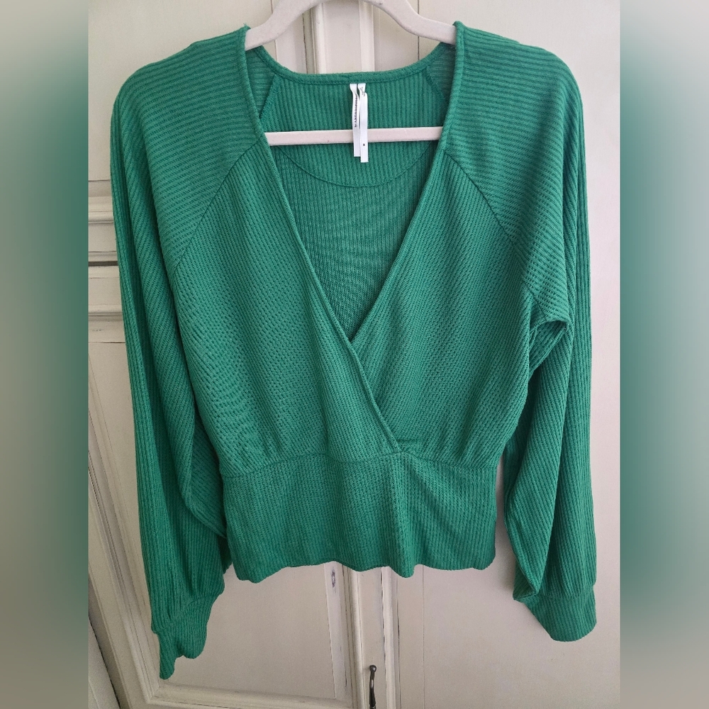 Anthropologie Green Ribbed V-Neck Wrap Sweater Medium NWOT